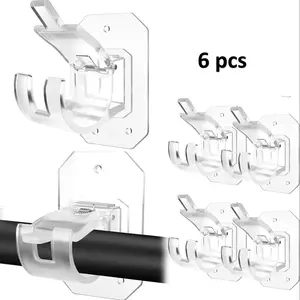 6 Pack No-Drill Curtain Rod Brackets, Self Adhesive Adjustable Hooks, Curtain Rod Holders Strong Sticky Hold, Fits 0.78-1.57 Inch Poles, Transparent Color, Interior Decoration Accessories
