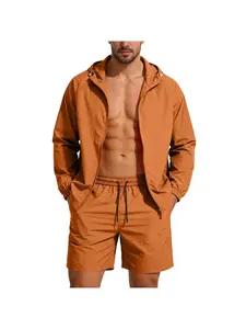Men's Sunscreen Set, Clothes UPF50+ Sun Protection Hoodies and shorts 2 Piece Windbreaker Lightweight Outdoor Jackets Sets Light Jacket Full Zip Hoodie Long Sleeve Shirts for Men Summer Outfits Beachy Matching UV Performance Fishing Hooded
