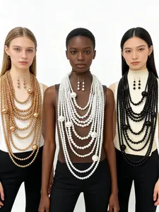 Exaggerated Long Pearl Multi-Layer Necklace Set, Fashion Jewelry, Stylish Accessories for Women, Elegant Beaded Necklace