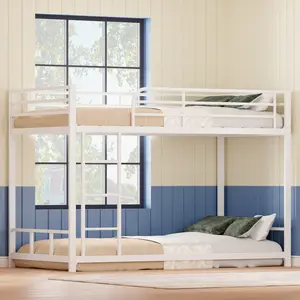 Low Bunk Bed Twin Over Twin, Heavy Duty Metal Bunk Twin Bed Frames with Safety Guard Rails & Ladder, Space-Saving Design, Twin Bunk Beds for Teens Adults, No Box Spring Required