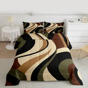 Green Brown Spiral Comforter Set for Adult Women Men Modern Swirls Stripes Abstract Bedding Set for Minimalists Boho Aesthetic Geometric Bed Set,Graffiti Art Lines Quilt Duvet Insert