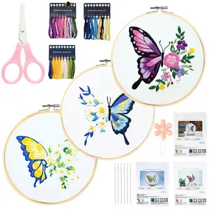 Set of 3 Butterfly Embroidery Set for Beginners, Embroidery Set with Embroidery Hoop, Embroidered Fabric, Colour Threads and Tools Kit, Embroidery Set for Beginners DIY Cross