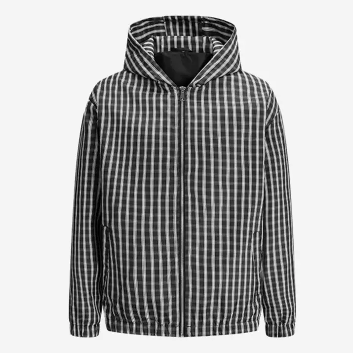 Men's Retro Checkered Bomber Jacket, Lightweight Hooded Windbreaker, Casual Full-Zip Polyester Clothing with Elastic Cuffs, Machine Wash, Plaid Pattern, Relaxed, Tops, Coat, Menswear, Pockets, Outerwear