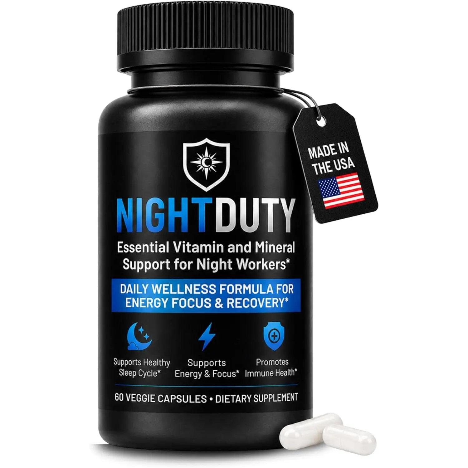 Night Shift Essentials Multivitamin for Night Workers, Nurses & First Responders - Energy, Focus & Sleep Support, D3, B-Complex, Magnesium & Zinc, Caffeine-Free, Melatonin-Free, 60 Capsules