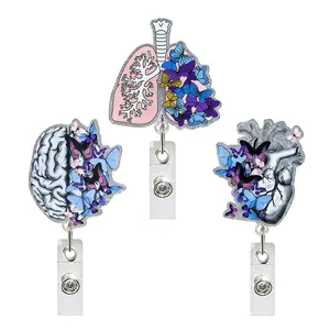 3-piece set of anatomical organ badge reel sets, including retractable badges for brain, lungs, and heart with butterfly designs; cute medical staff ID pendants; durable care work accessories