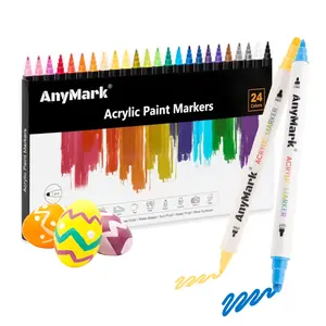 AnyMark 24 Colors Acrylic Paint Markers, Dual Tip Premium Acrylic Paint Pens for Stone, Wood, Calligraphy, Canvas, Ceramic, Metal, Glass, Rock Painting, DIY Crafts