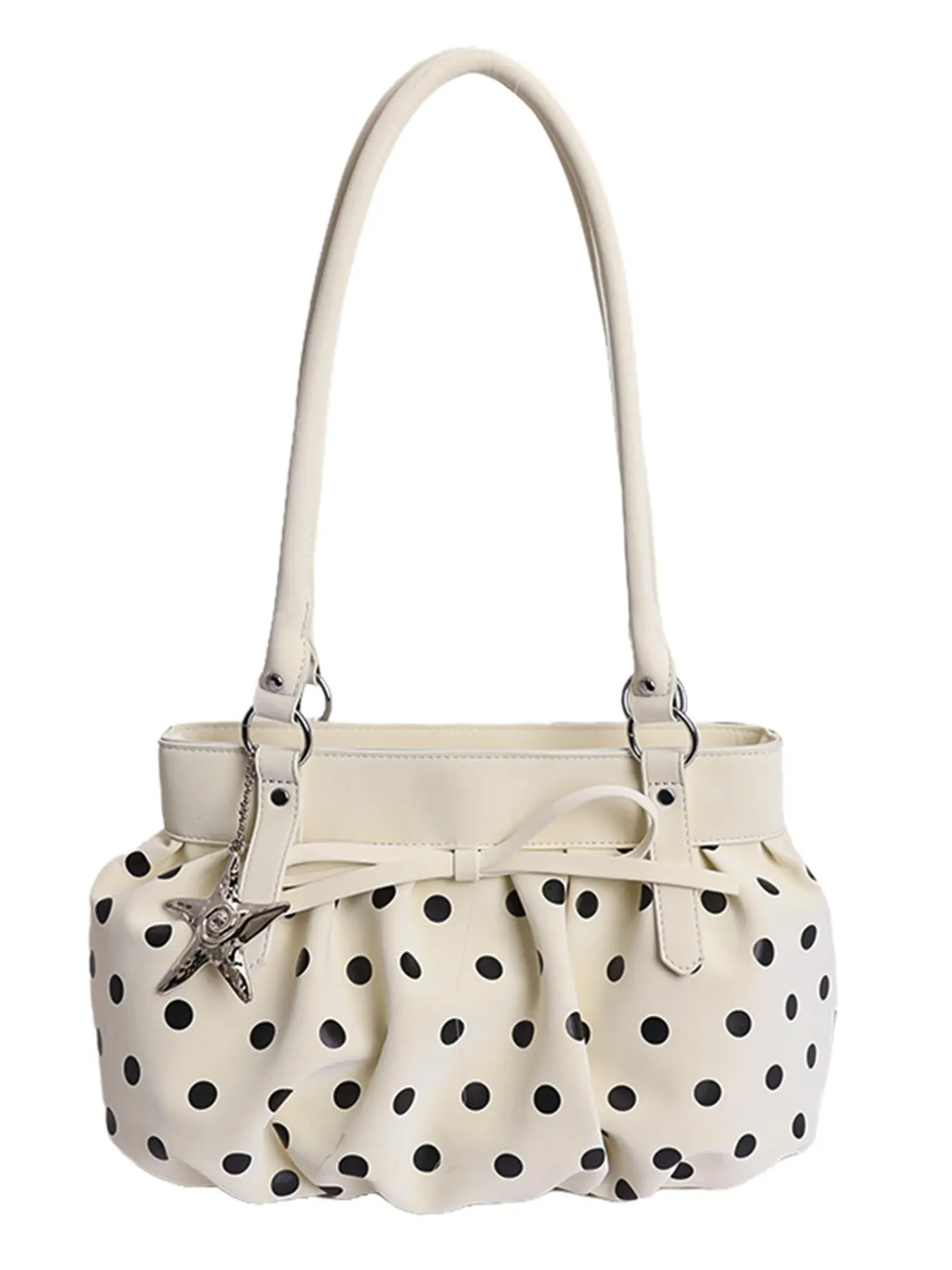 Polka Dot Bow Tote Bag for Women, Fashionable Purse, Large Capacity Foldable Embellished Shoulder Bag with Star Charm, Casual Commuter Handbag