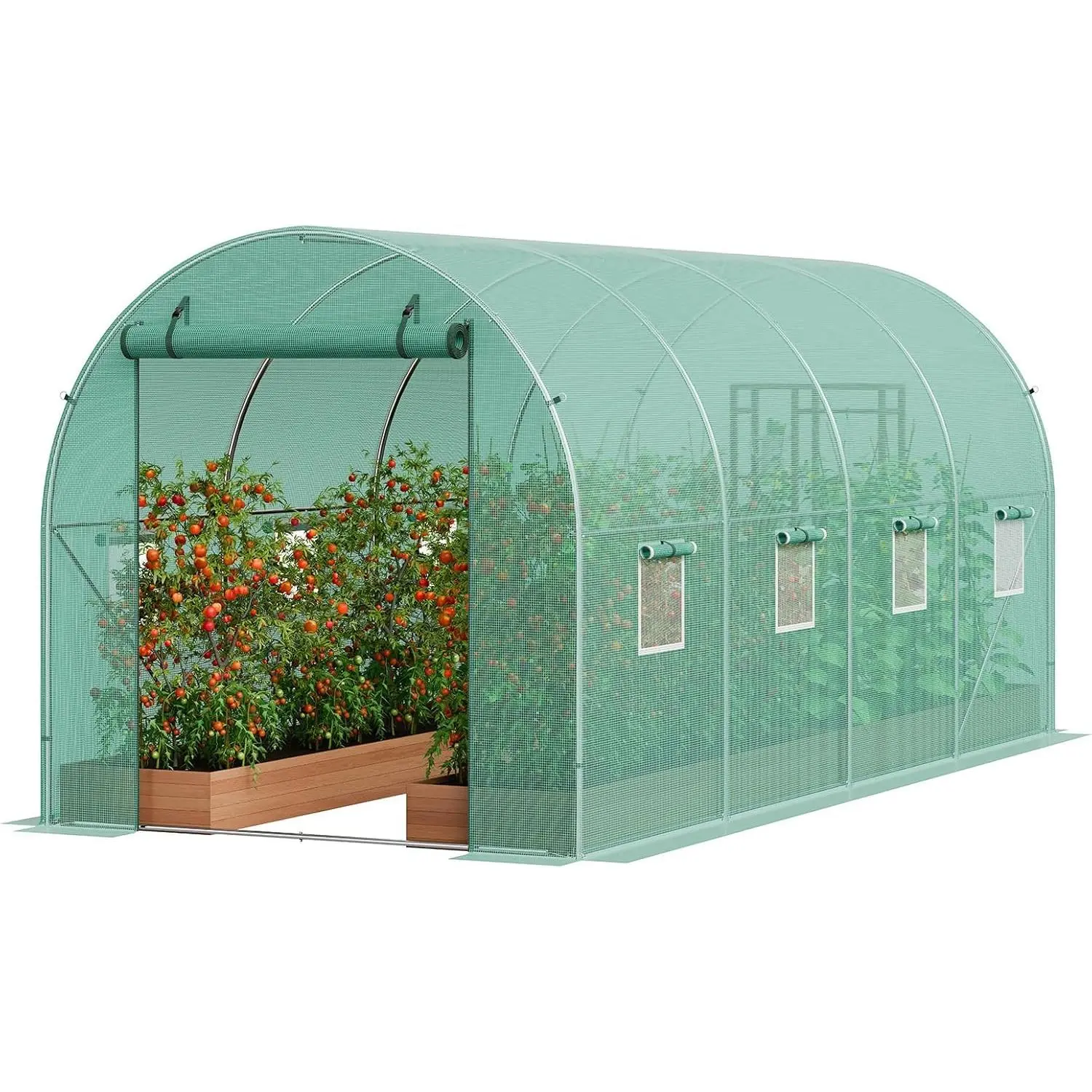 15x7x7 ft Walk-in Outdoor Greenhouse - Heavy Duty Galvanized Steel Hoop House with 140 g/m² PE Cover, 8 Windows, Roll-Up Door, 7 ft Standing Room for Flowers, Tropical Plants, Seedlings & Year-Round Gardening, Small-Scale Commercial Growers, Enhanced Insu