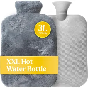 Hot Water Bottle - with Soft Premium Fleece Cover - Gray, 3L - Heating Pad for Menstrual Cramps and Period Comfort - Bed Foot Warmer - Hot & Cold Compress for Back, Stomach, Neck Pain Relief