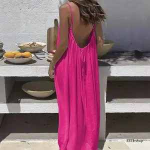 Elegant Women's Solid Cami Lounge Dress, Chic Sleeveless Maxi Slip for Summer, Aesthetic Backless Silk-like Sleepwear, Flowy Long Sundress for Home & Beach Vacation,summerwins