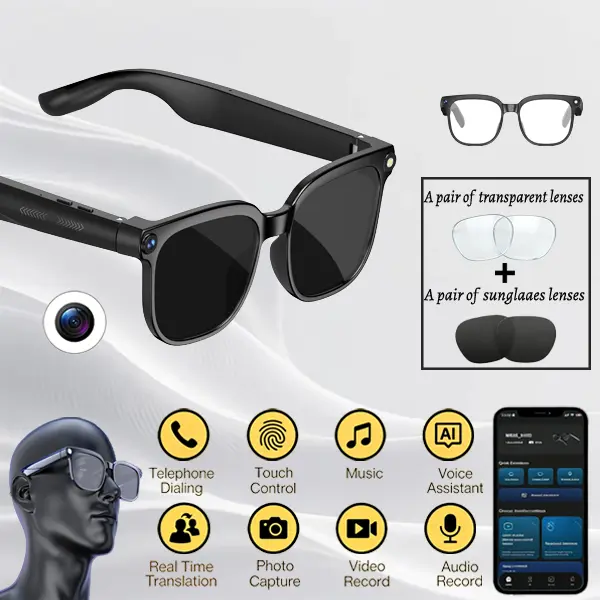 Unisex Adults Rectangular Frame Smart Glasses with 8MP Camera, 160 Languages Support, Directional Sound, AI Assistant, Touch + Button Controls, Hands-Free Photography, Bluetooth Wireless Video, Ideal for Travel & Outdoor Adventures, Gift Option, Recording