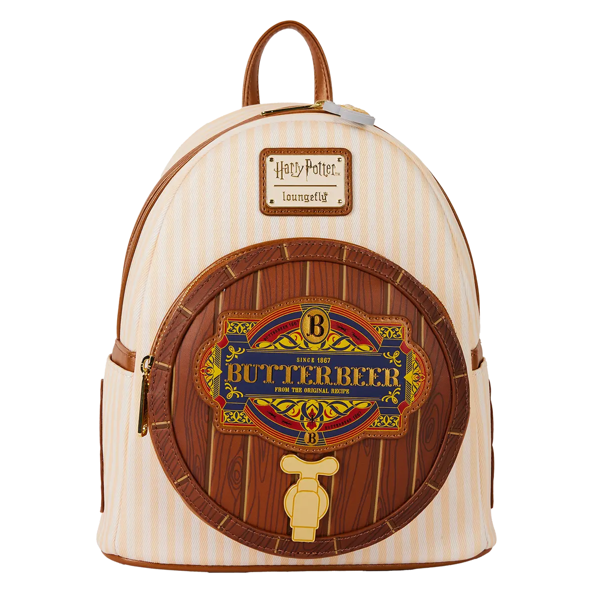 Loungefly Harry Potter Butterbeer Barrel Mini Backpack for Witches & Muggles, Striped Polyurethane Faux Leather, Butterscotch Scented, Silicone Zipper Charm, Sturdy Handle