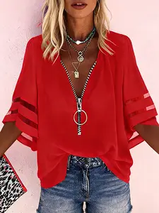 A women's solid color mesh spliced loose casual V-neck zipper shirt with half-bell sleeves, suitable for summer, daily casual wear, an Womenswear Blouse Top