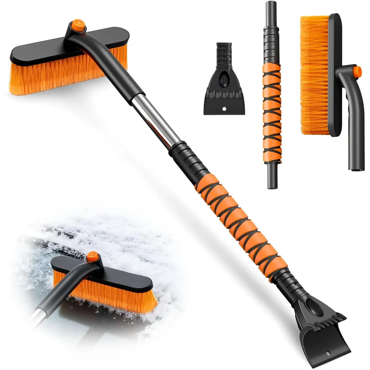 Car Extendable Snow Brush with Ice Scraper - 24"-30"-33" Adjustable Long Handle, 4-inch Scraper Blade, 360° Pivoting Head, EVA Foam Antiskid Grip, 4" Ice Chipper, Durable Bristles, Compact Design