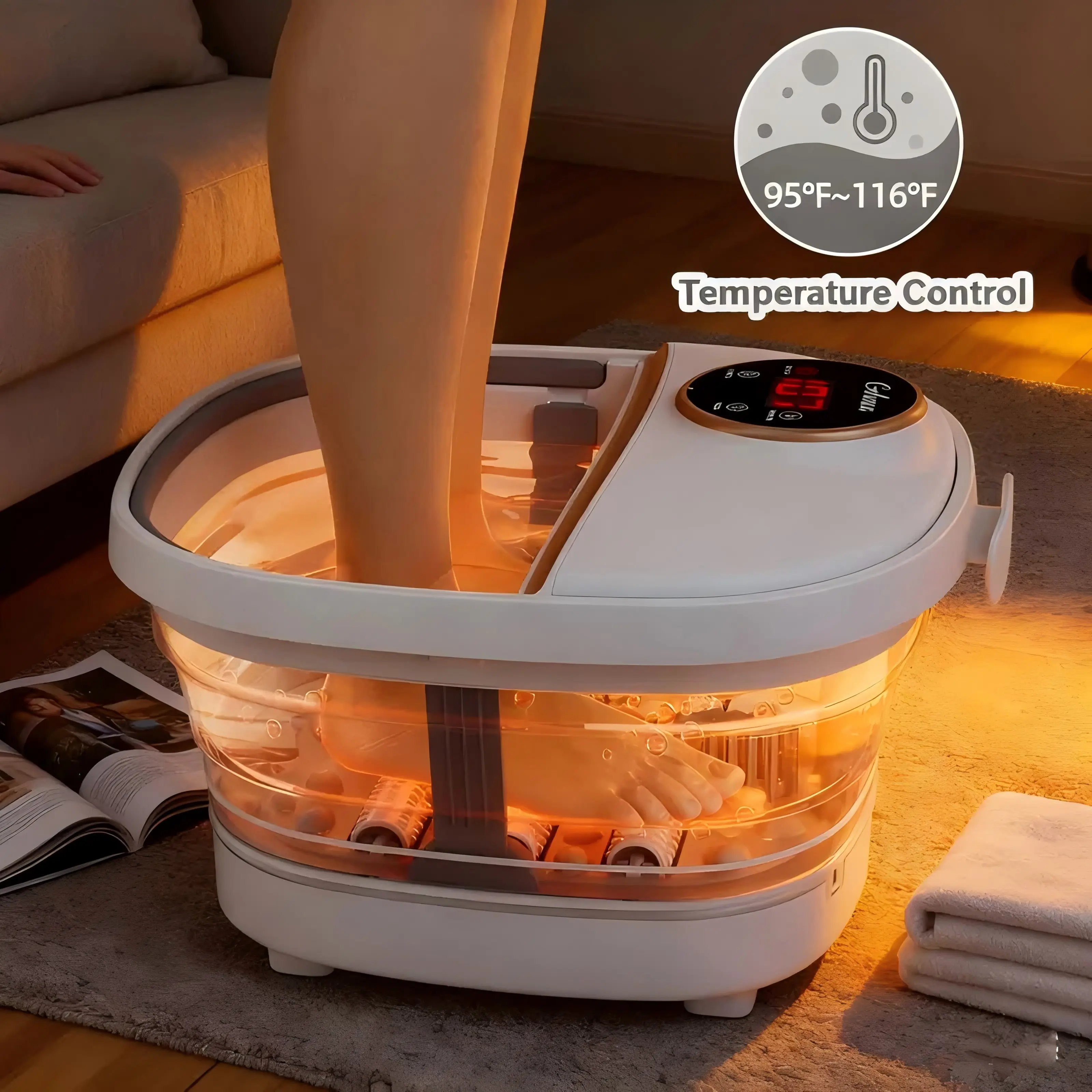 Gehona Foldable Foot Spa Bath with Heat and Bubble Massage, Collapsible Foot Soaking Tub with Temperature Control, Timer, 6 Massage Rollers, Red Light Therapy, Portable Electric Foot Bath for Home Relaxation   , Foot Spa Machine, Collapsible Foot Bath