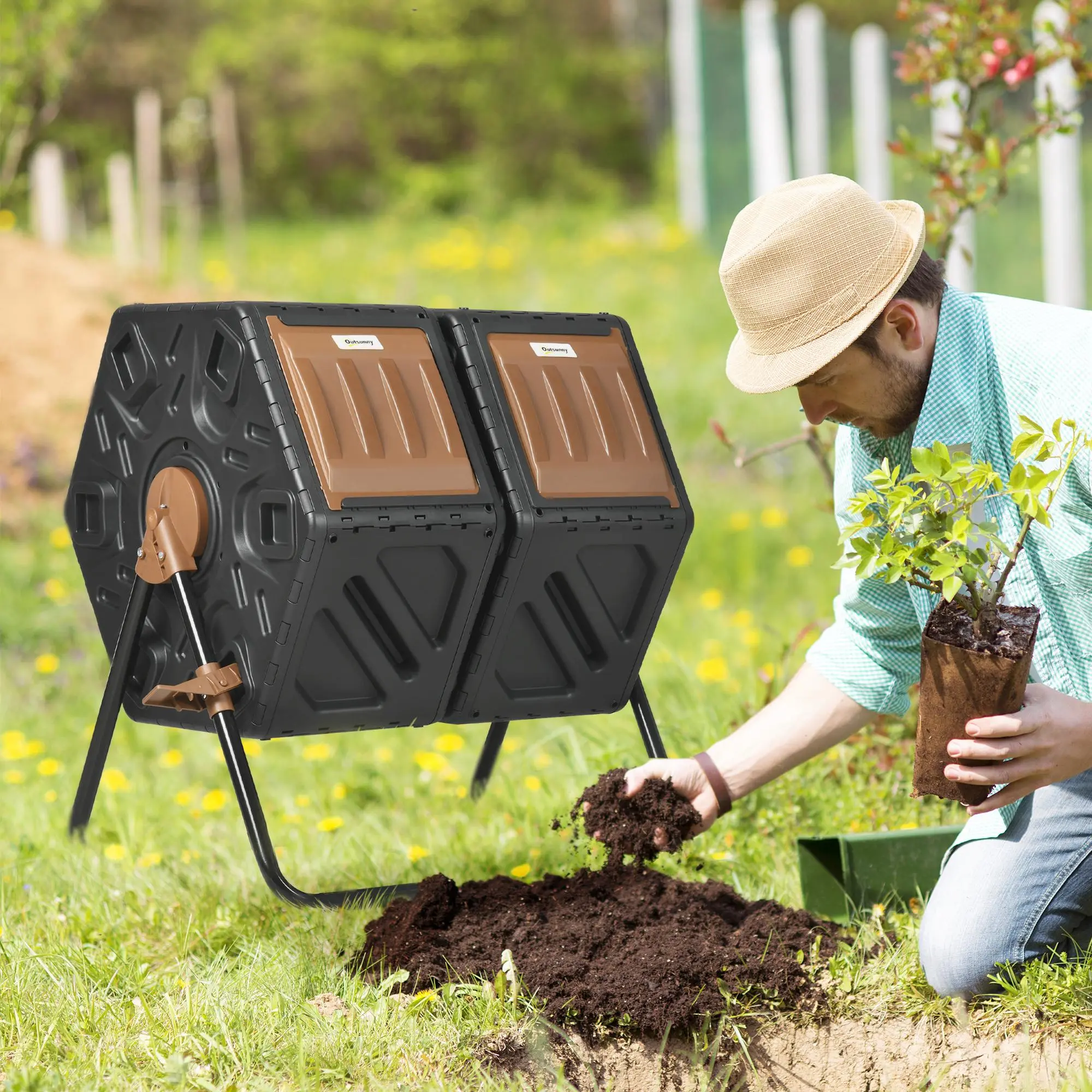 #Summervibes Outsunny Dual Chamber Compost Tumbler Bin, Outdoor Tumbling Composter with 24 Ventilation Openings and Steel Legs