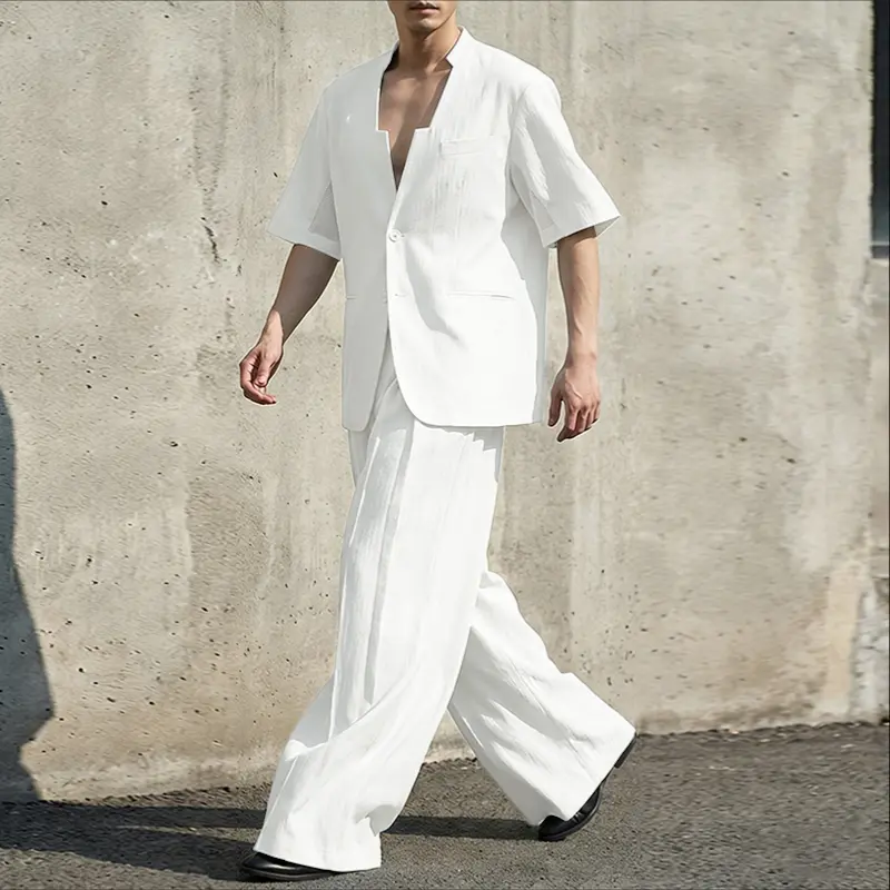 INCERUN Mens Notched Neck Short Sleeve Buttons Blouse Tops Shirt Elastic Waist Long Pants Wide Leg Trousers Summer Casual Holiday Loose 2PCS Sets Outfits