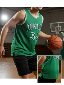 Men's 34 Green Embroidered Basketball Jersey, Casual Short Sleeve Vest, Fitted H-Type, Letter Pattern, Long Clothing, Sportswear