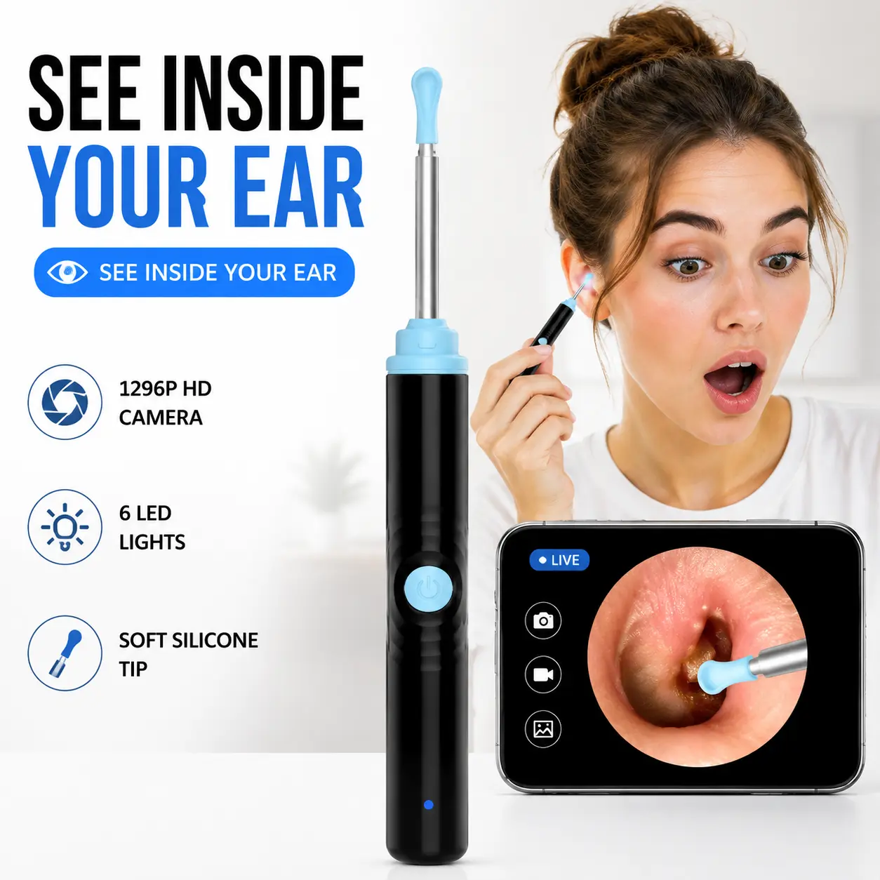 1296P HD Ear Wax Removal Tool with Camera, Wireless Visual Ear Cleaner, 3.5mm Silicone Ear Pick, 6 LED Lights, Compatible with iPhone & Android, Safe for Adults, Kids & Pets