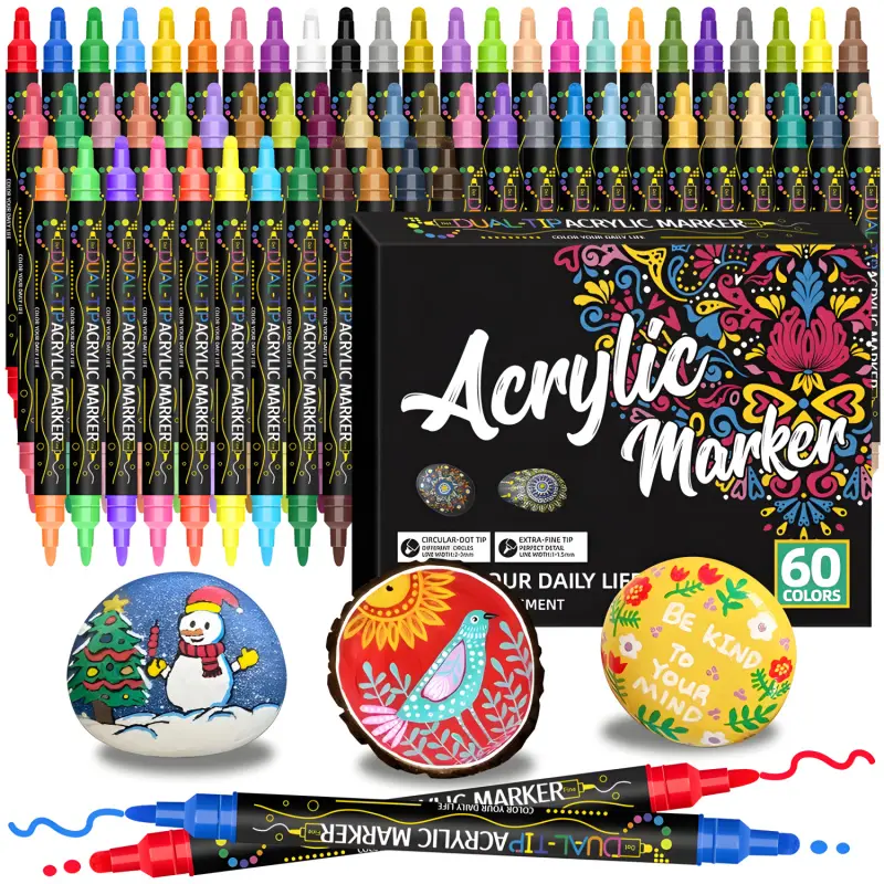 Dual Tip Acrylic Paint Pens Markers,Fine & Dot Tip,Premium Acrylic Paint Pens for Wood, Canvas, Stone, Rock Painting, Glass, Ceramic Surfaces, DIY Crafts Making Art Supplies, Brush Marker Pen, DIY Craft Kit, Paint Pens Set