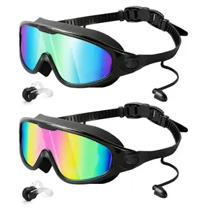 2 Pack Swim Goggles with Waterproof Earplugs & Nose Clip for Adults/Kids, Anti-Fog  Full-Coverage 180 °   Wide View Swim Goggles, Bright Multicolor UV Lens, Fit Outdoorfun
