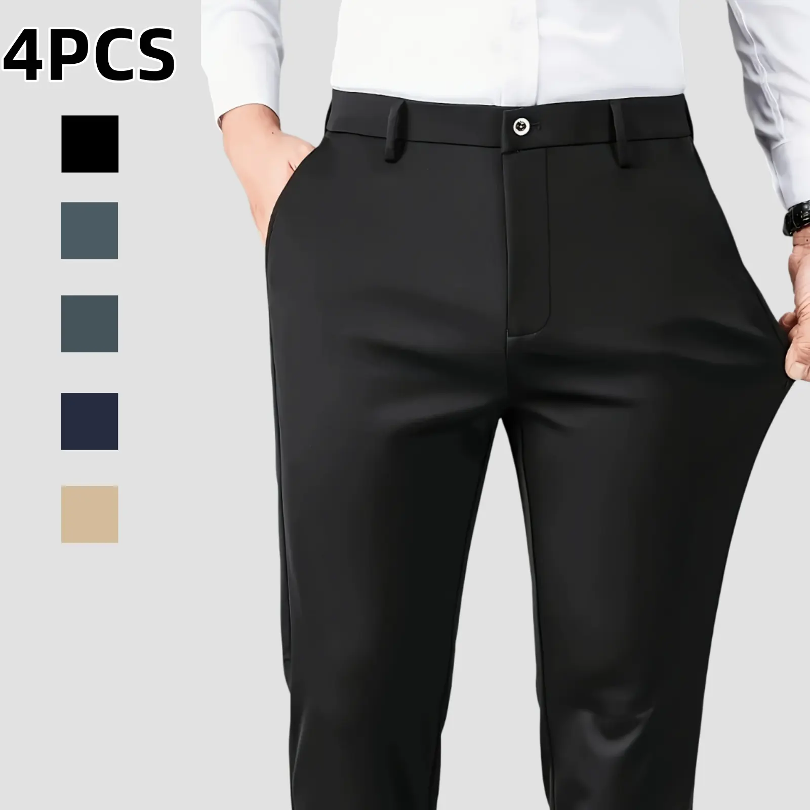 4-Pack Men's Slim Fit Stretch Chino Pants, Business Casual Golf Dress Pants, Wrinkle Resistant Breathable Soft Fabric Classic Minimalist Formal Trousers for Mens Office Wear Everyday Business Style
