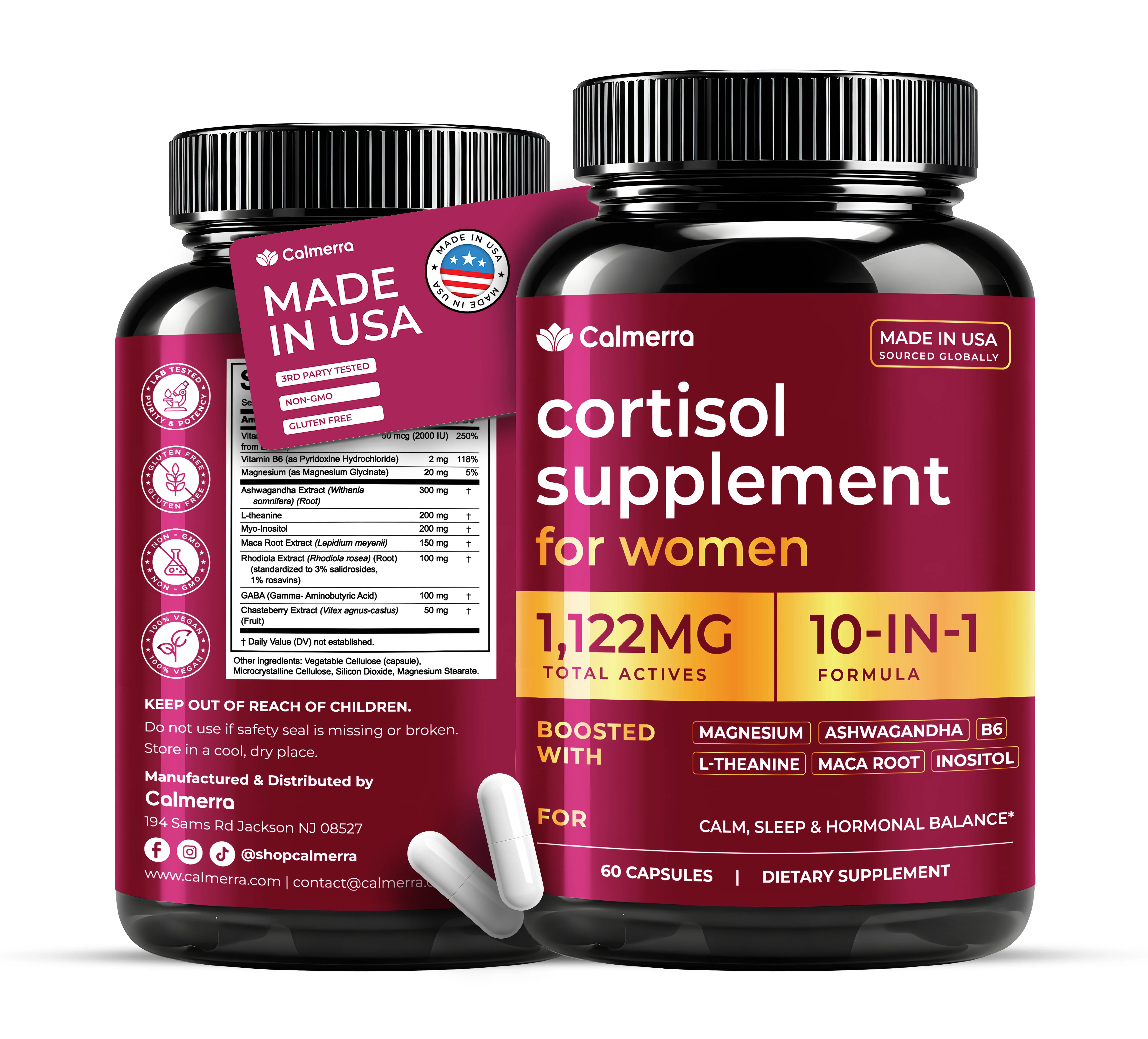 10in1 Cortisol Supplements for Women with Magnesium Glycinate, Ashwagandha, L-theanine, Myo-Inositol, Maca, D3 & B6 | 1,122mg High Cortisol Reducer, Manager, Detox & Lower for Sleep, Focus, Mood Support, 60 count