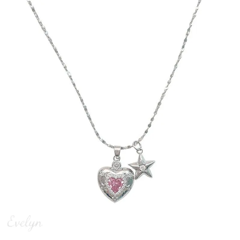 Pink Crystal Heart Star Charm Pendant Necklace, Two Tone Gold Silver Thin Dainty Chain, Mini Sparkly Layering Neck Jewelry for Women Daily Date Casual Street Wear