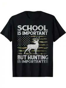 School Is Important But Hunting Is Importanter Deer Hunting T-Shirt - 100% Cotton Vintage Graphic Tee with Deer & Camo American Flag Design, Soft Breathable Unisex Crew Neck Shirt for Men & Women, Funny Hunting Gift for Outdoorsmen