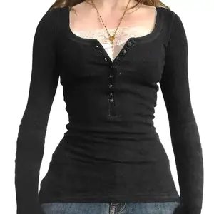 Womens Long Sleeve Henley Tops Casual Button Up Tunic Blouse Ribbed Slim Fit Shirts Y2K Lace Patchwork Pullover Shirt