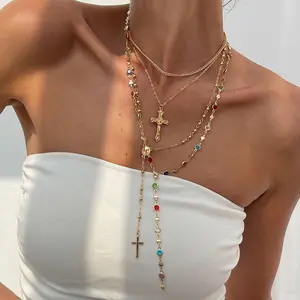 Women's 3-Piece Cross Flower Crystal Charms Necklace Set - Rhinestone-Inlay Copper-Plated Layered Stackable Dainty Minimalist Bling, Flowers, Stylish Jewelry Sets for Daily, Party Wear, Bling Jewelry Sets