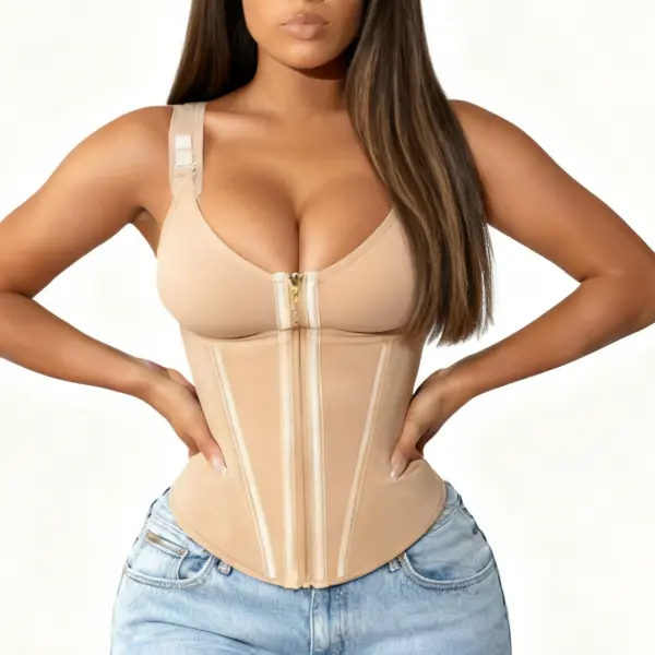 Women's Compression Corset Body Shaper Vest - Built-in Bra, Zipper & Hooks Closure, Firm Tummy Control, High Waist Shaping, 5-Level Length Adjustment for Postpartum & Sport Workout Waist Training