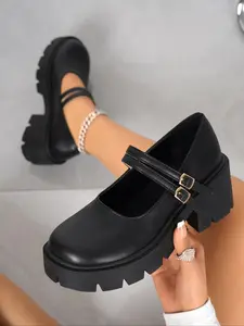Women's Fashion Thick Sole Platform High Heels, Comfortable Lightweight Mid-Heel Single Shoe, Mary Jane PU Leather Walking Shoes