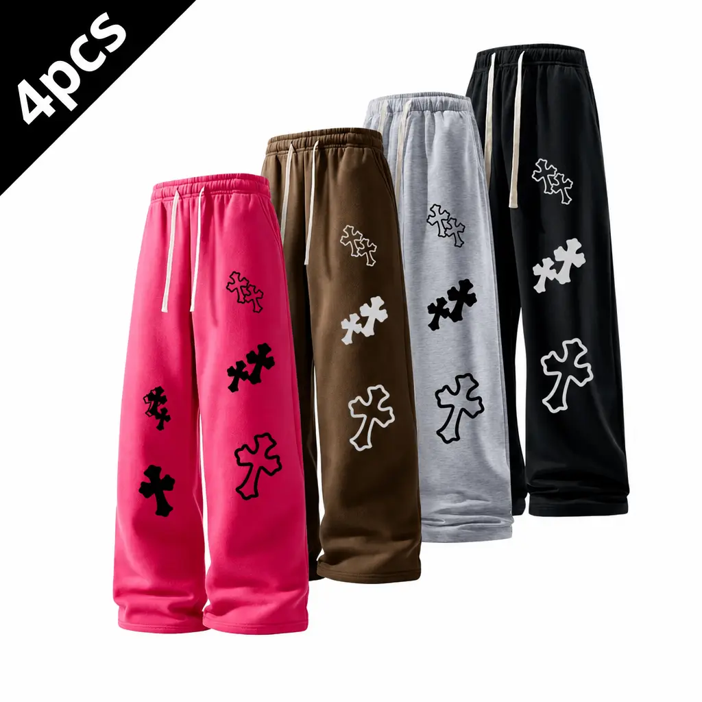 #Springfresh American style 60% pure cotton straight leg casual pants, durable for daily wear, multi-color neutral sports pants, classic printed sweatpants, sweeping pants