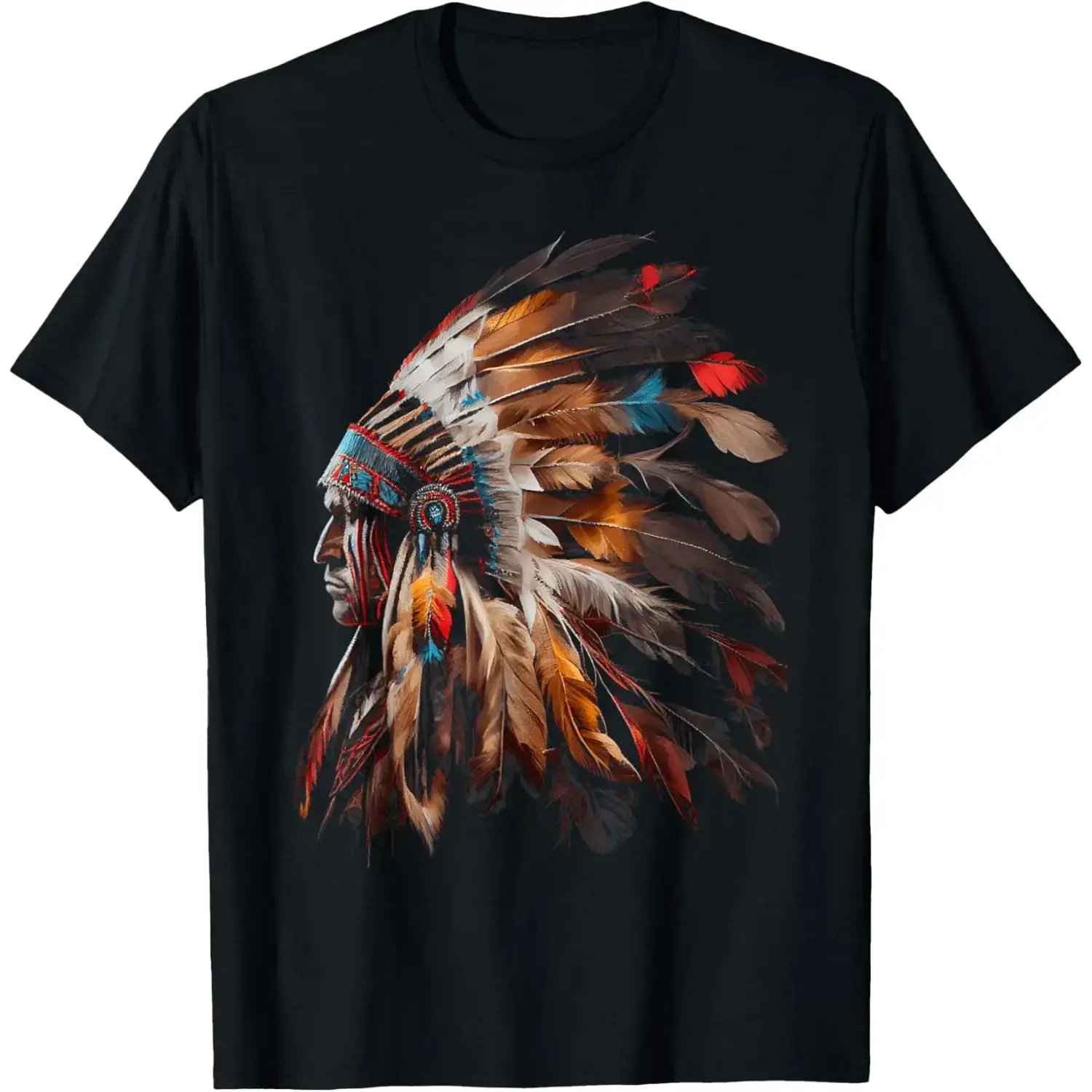 Men's Native American Indian Headdress Graphic Cotton T-Shirt - Casual, Breathable, Short-Sleeve, Oversized Crewneck, Plus Size Tops, Fabric