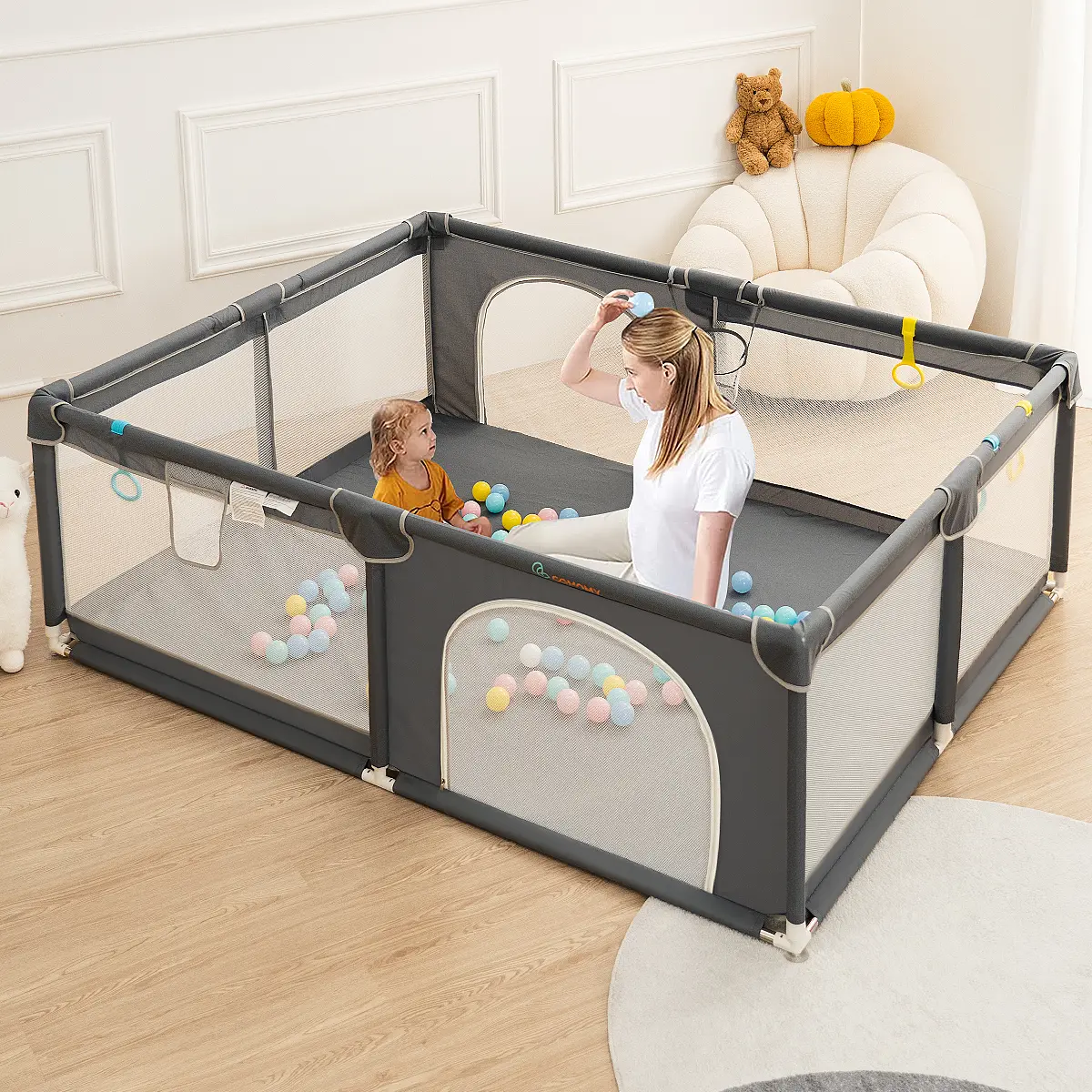 【bioby】79"x63"x27" Extra Large Baby Playpen Breathable Mesh for Indoor & Outdoor Use - Sturdy Toddler Fencae Creates a Secure Play and Sleep Area, Ideal Kids Activity Center, Summervibes