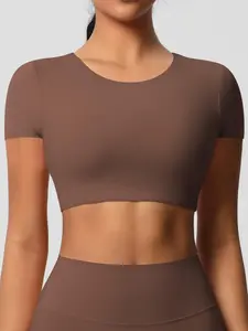 Women's Solid Round Neck Crop Sports Tee, Casual Short Sleeve Crew Neck T-shirt for Daily Outdoor Wear, Ladies Sportswear for All Seasons Valentine's Day, Gym Tops, Workout Clothes, Breathable Workout Tops