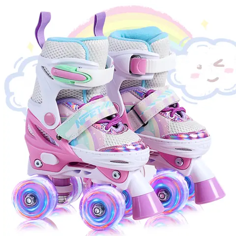 NPET Adjustable Quad Skates for Beginners - Indoor-Outdoor Use, Light-Up Wheels, Velcro Adjustable Fit, Colorful Design, Durable Frame, Safe Comfortable Wear, Smooth Ride