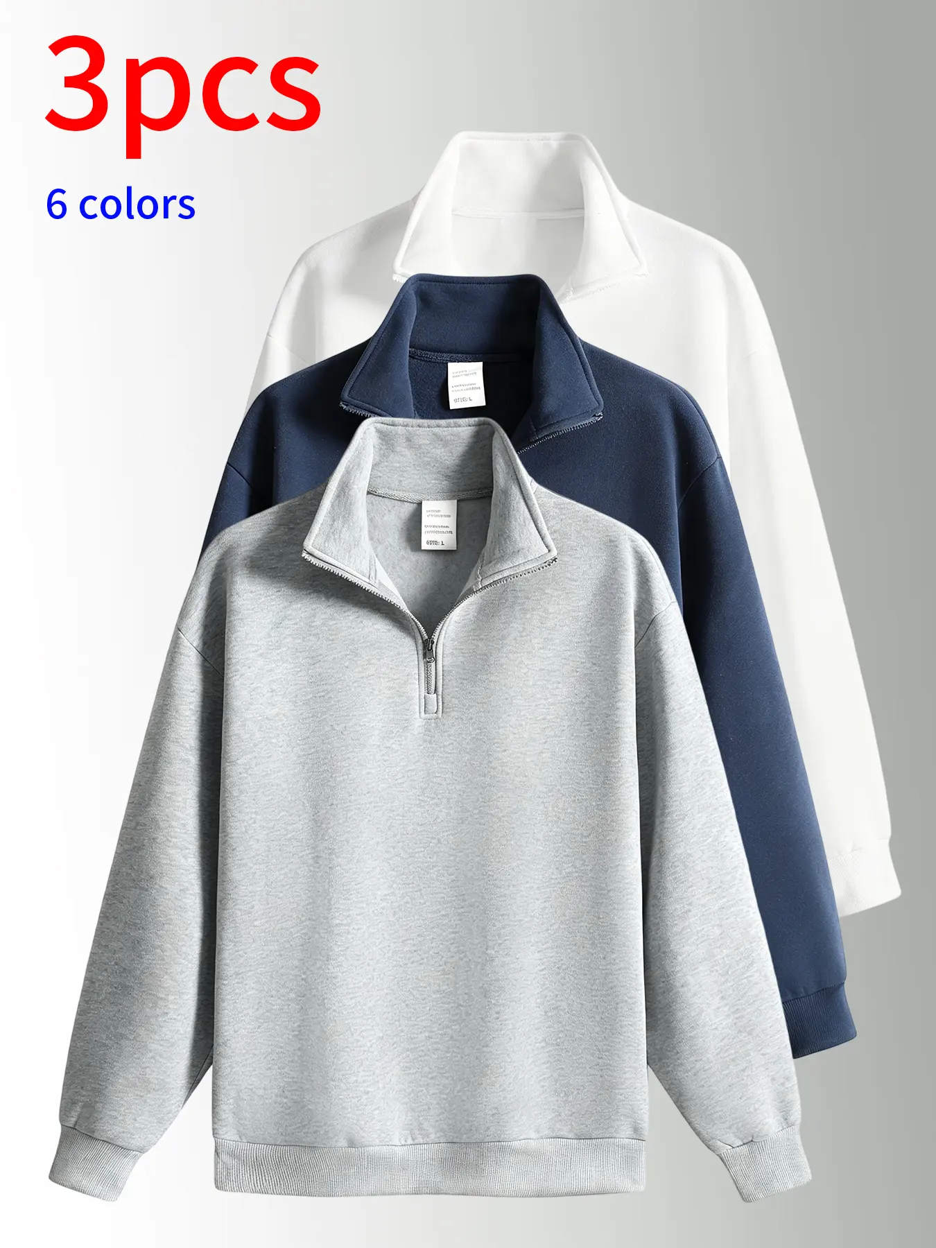 3-pack men’s stand-collar sweatshirts, men’s sweatshirts. Loose fit, half-zip stand collar design, soft, comfortable, skin-friendly fabric, minimalist solid color design, available in multiple colors, suitable for daily commuting, school, shopping, sports