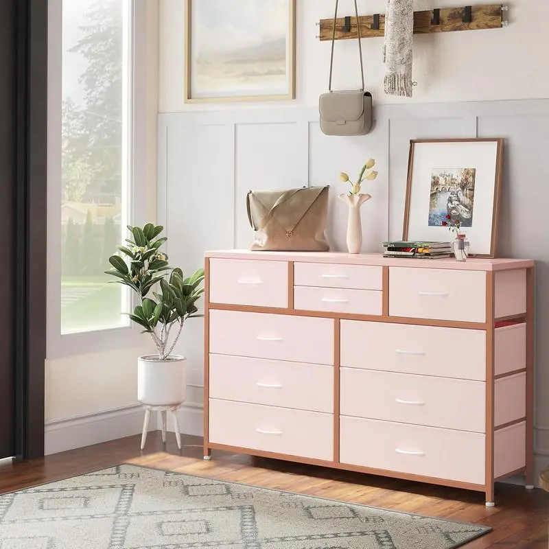 10-Drawer Fabric Dresser with Wood Top & Steel Frame - Modern 45" TV-Fit Entertainment Center, Pink Storage for Bedroom, Living Room