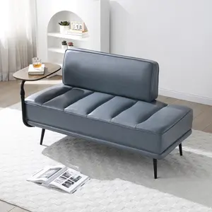55"Inch Width Modern End of Bed Bench,Grey Faux Leather Upholstered With side table, 360-degree Swivel tray couch,Entryway Ottoman,Window Bench with  Metal Legs for Bedroom, Living Room