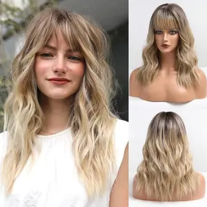 Honey Blonde 22 Inches Wave Bob Wig Mixed Blonde Shoulder Length Curly Brown Synthetic Wig with Bangs Wigs for Women for Party Daily Use