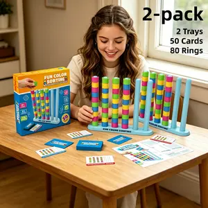 STEM Fast-Paced  Color Sorting Stacking Puzzle Toy for Kids Ages 3-8, Color Stack Challenge Game, with 2 Stacking Trays, 50 Double-Sided Challenge Cards& 80 Rings, Educational Brain Teaser Matching Activity, Indoor Outdoor Party Play Gift for Boys Girls