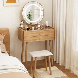 Glass Top Vanity Desk with Mirror and Lights, Small Makeup Table with Cushioned Stool, 2 Drawers Compact Vanity for Small Spaces with 6 Grid Organizer, 3 Lighting Modes, Natural Oak