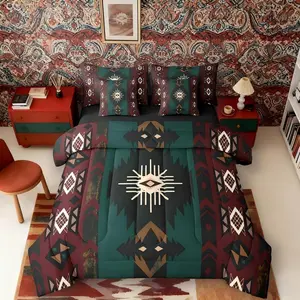 Western Comforter Set with Sheets,Southwestern Aztec 7-Piece Bedding Set,Ethnic Tribal Arrow Retro Geometric Bed in a Bag,Boho Decor Diamond Triangle Room Decor