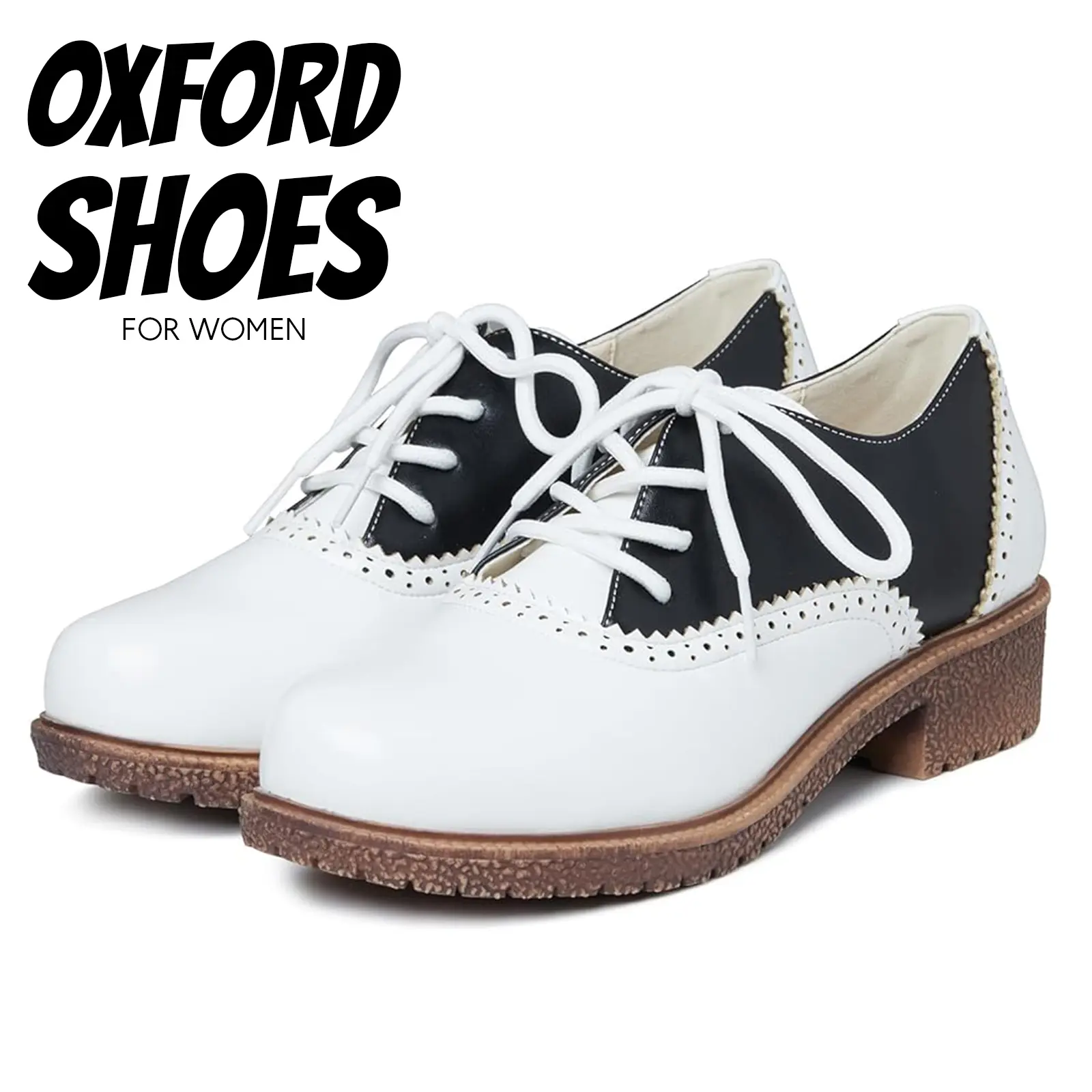 Womens Oxford Shoes Round Toe Low Chunky Heel Lace Up Vintage Retro Two Tone Wingtips Brogue Oxfords  Work Casual Outdoor Events Saddle Shoes