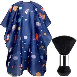 Kids Hair Cutting Cape with Adjustable Closure & Cartoon Space Astronaut Patterns 55x39 Inches Waterproof Polyester Barber Cape for Children & Adults with Neck Duster Brush