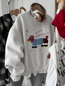 Women's Dachshund Dog & Letter & Animal Graphic Print Crew Neck Sweatshirt, Casual Long Sleeve Pullover for Spring & Fall, Fashion Women's Top for Daily Wear, Womenswear
