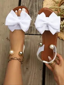 Women's Comfortable Round Toe Bow & Metal Beaded Decoration Flats, Casual Fashion Summer Sandals for Outdoor Beach Vacation