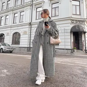 2025 Autumn–Winter New Women’s Clothing Houndstooth Long Trench Coat High-End Fashion Overcoat Black and White Mature Style Jacket for Women